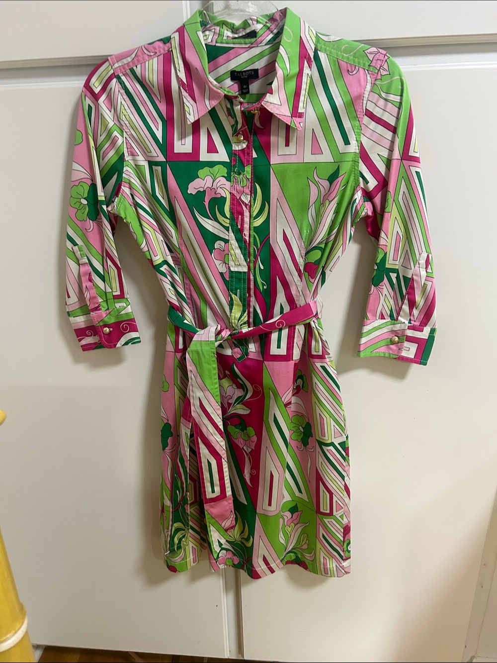 Vintage Talbots Pink Green Geometric Patchwork Floral Shirtdress 4P Retro Mod